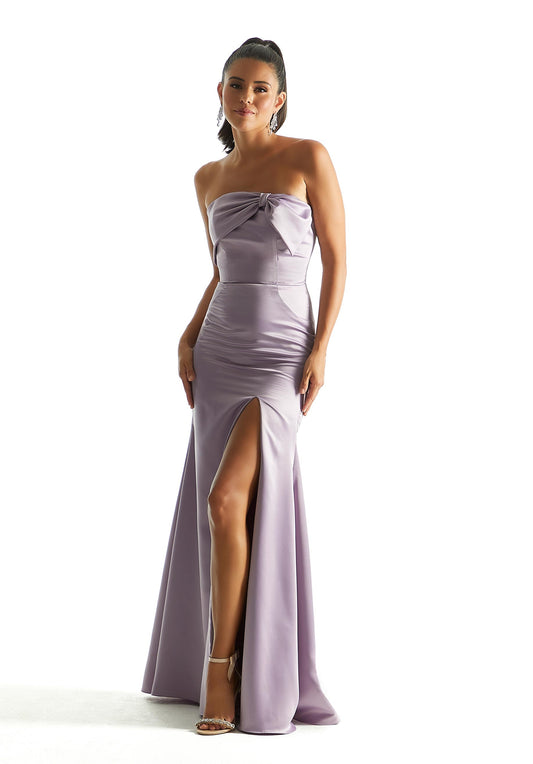 Satin Fit and Flare Bridesmaid Dress with Bow Neckline