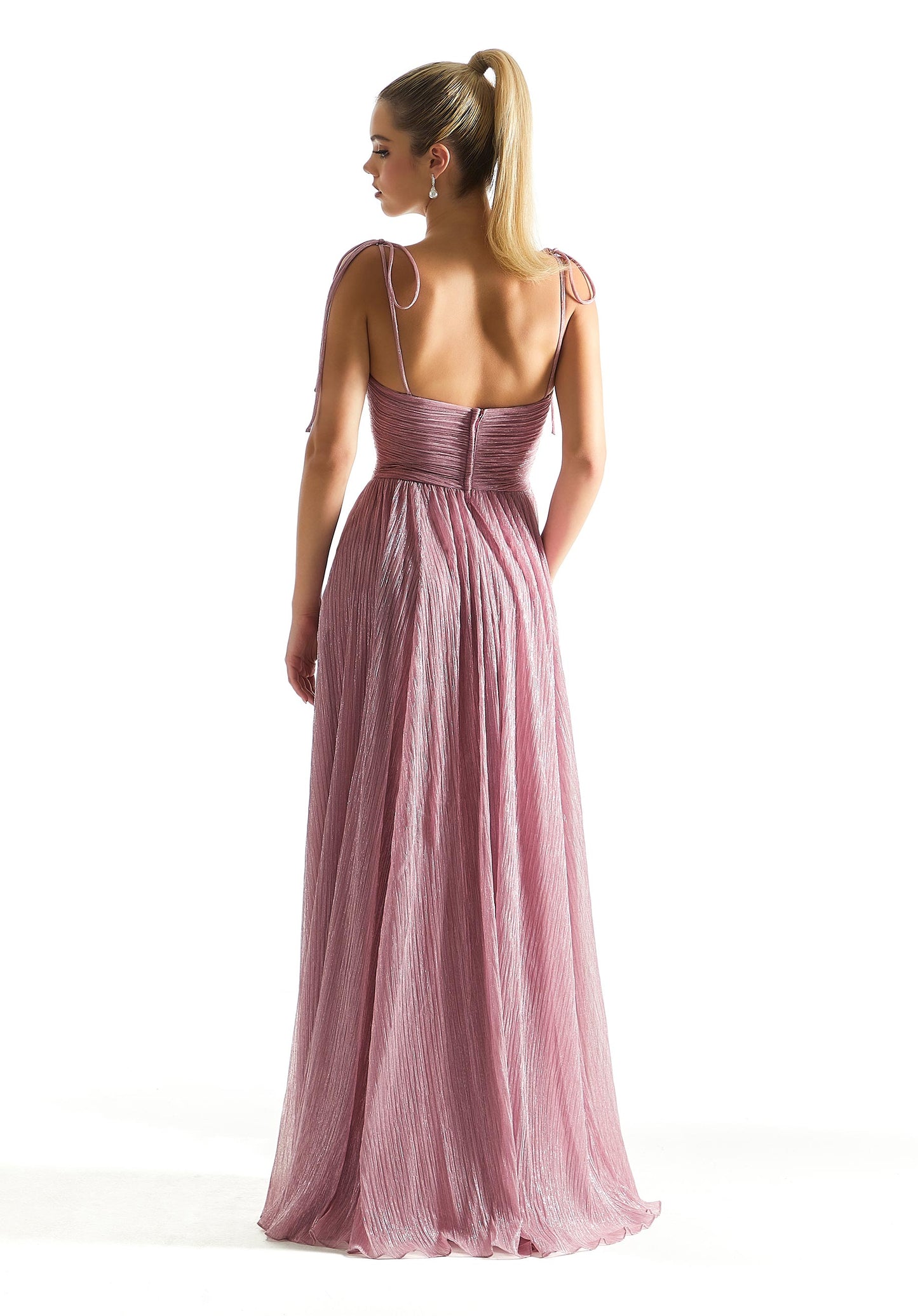 Pleated Shimmer Bridesmaid Dress with Tie Straps